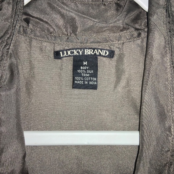 Lucky brand button front lace trim silk blouse Sz M square collar flutter sleeve - Picture 11 of 14